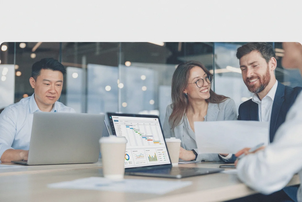 Partner organisations meeting around a laptop